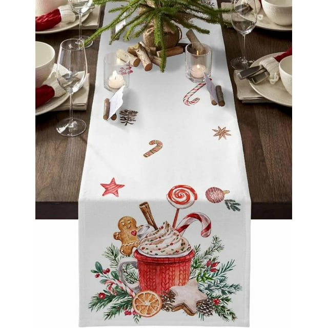 Christmas Table Runner 70 Inches Long, Gingerbread Man Coffee Cappuccino White Kitchen Dining Table Decoration Winter Holiday Table Runner for Home Party Decor13x70 Inch