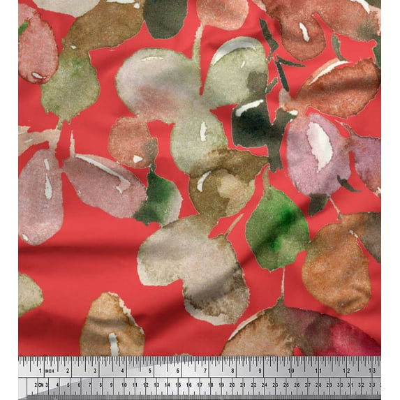 Soimoi Orange Rayon Crepe Fabric Leaves Watercolor Printed Craft Fabric by the Yard 46 Inch Wide