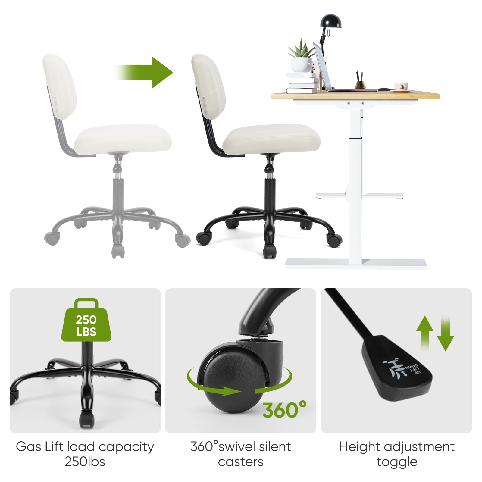 JOINSUN Indoor Home Office Chair Low Back Height Adjustment Vanity Desk Chair, White