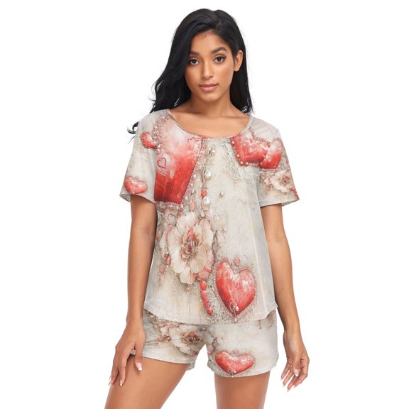Women Pajama Sets Short Sleeve Sweatshirts Valentines Day Printing Casual Tops and Shorts