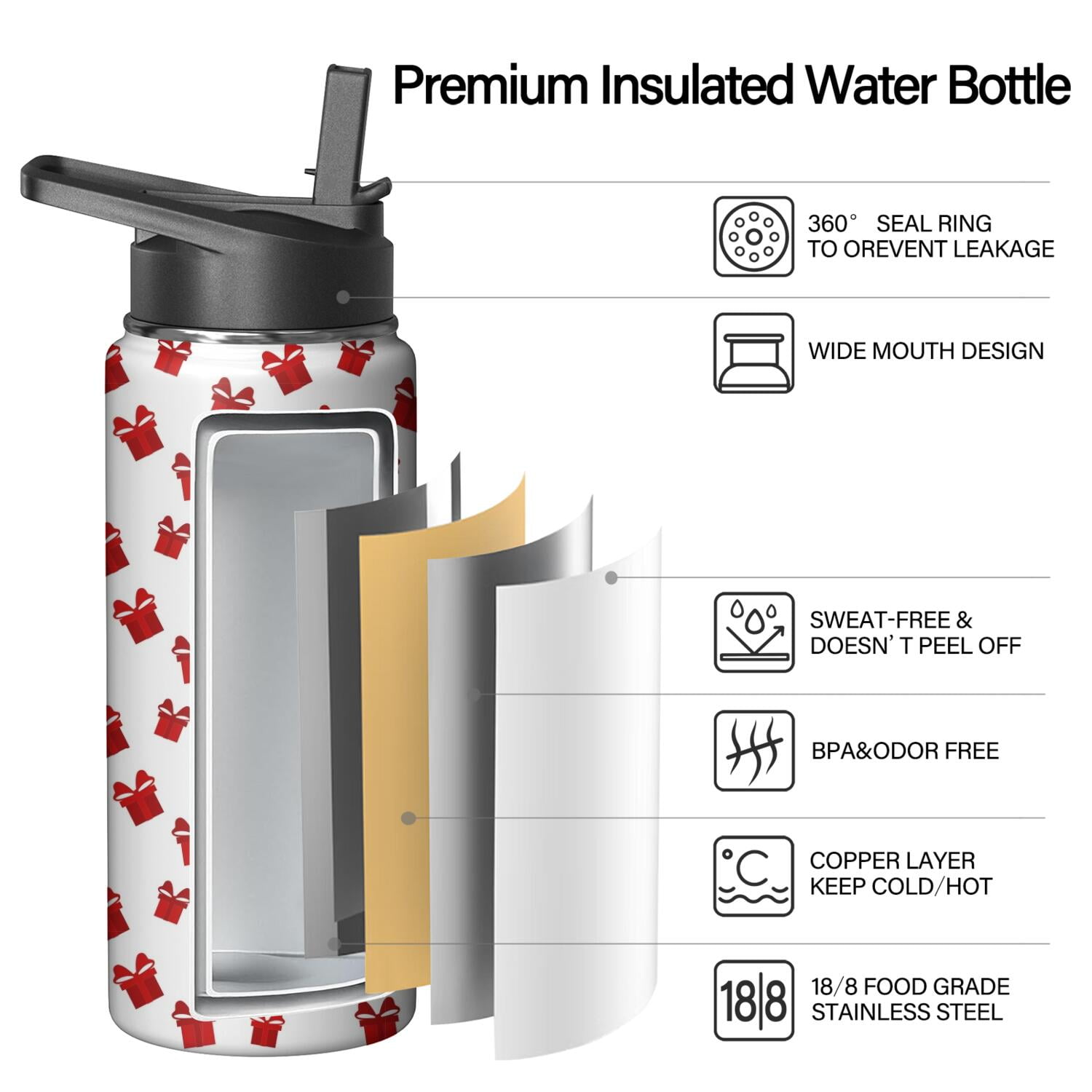 Christmas 18 oz Insulated Stainless Steel Water Bottle with Straw & Cleaning Brush , Leakproof, BPA-Free, 304 Stainless Steel, Wide Mouth, Travel Mug for Car, Gym, Office