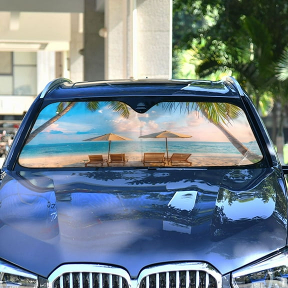 Beach Chairs Trees Sky Automotive Front Car Windshield Sun Shade Reflector Foldable for Front Fit for Cars Truck SUVs