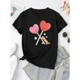 thumbnail image 2 of Camiseta de manga corta para mujer con estampado creativo de corazones y letras, cuello redondo informal de punto de algodón, elasticidad media, cómoda para todo tipo de clima, 100 % algodón, 180 g/m², 2 of 6