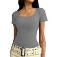 thumbnail image 2 of Plain T Shirts for Women Summer Short Sleeve U Neck Stretch Slim Fitted Tshirts Base Layer Solid Basic Tees, 2 of 7