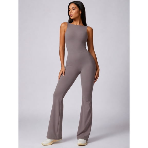 Women’s Sleeveless Flare Jumpsuit, Backless One Piece Workout Romper with Ruched Back, Stretchy Bootcut Yoga Bodysuit for Pilates, Gym and Casual Wear