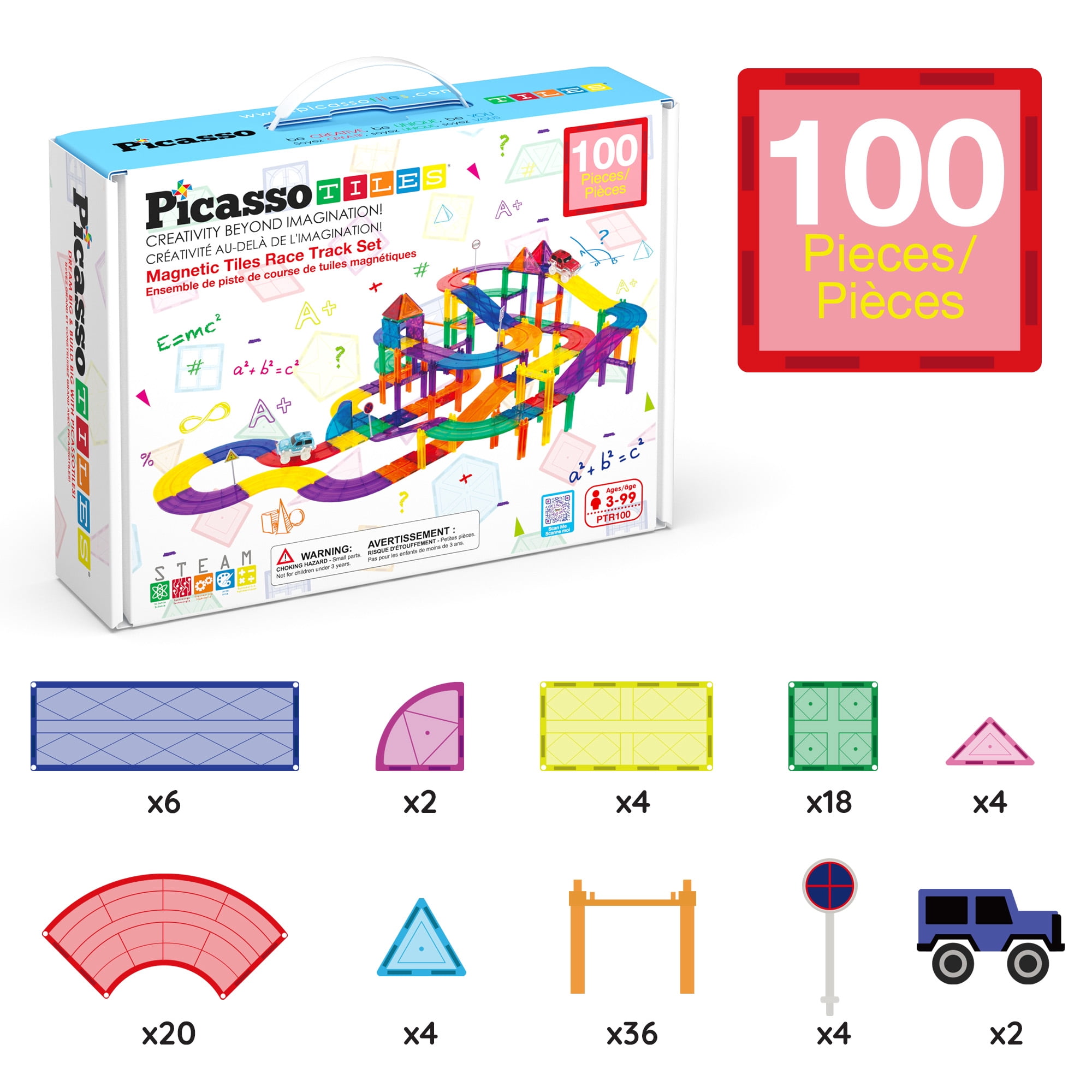 PicassoTiles Race Track Magnetic Tiles for Kids with 2 Racing Cars – 100PCS STEM Construction Building Blocks Educational Toy Set
