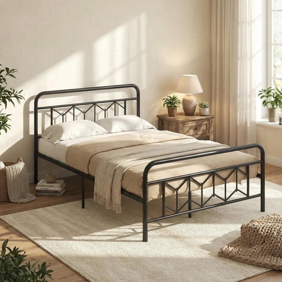 Yardi Yarda Platform Bed with High Headboard and Snap Lock Metal Slats, Full Size, Simple Bed Frame for Indoor, Black