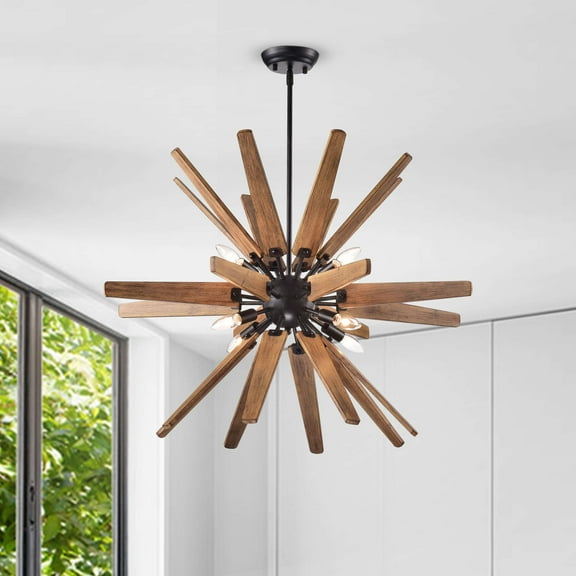The Lighting Store Bernice 8-light Antique Black Sputnik Natural Wood Chandelier