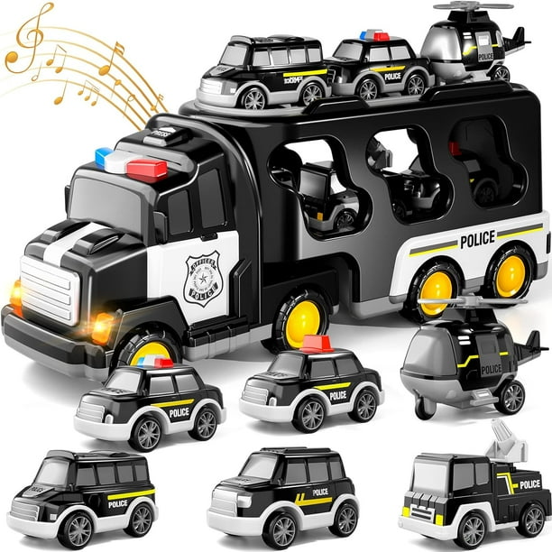 Doloowee Juguetes para camiones de policía para niños pequeños de 3, 4, 5 y 6 años, camión 5 en 1, coche de juguete con potencia de fricción, regalos de cumpleaños de Navidad para niños y niñas de 3 a