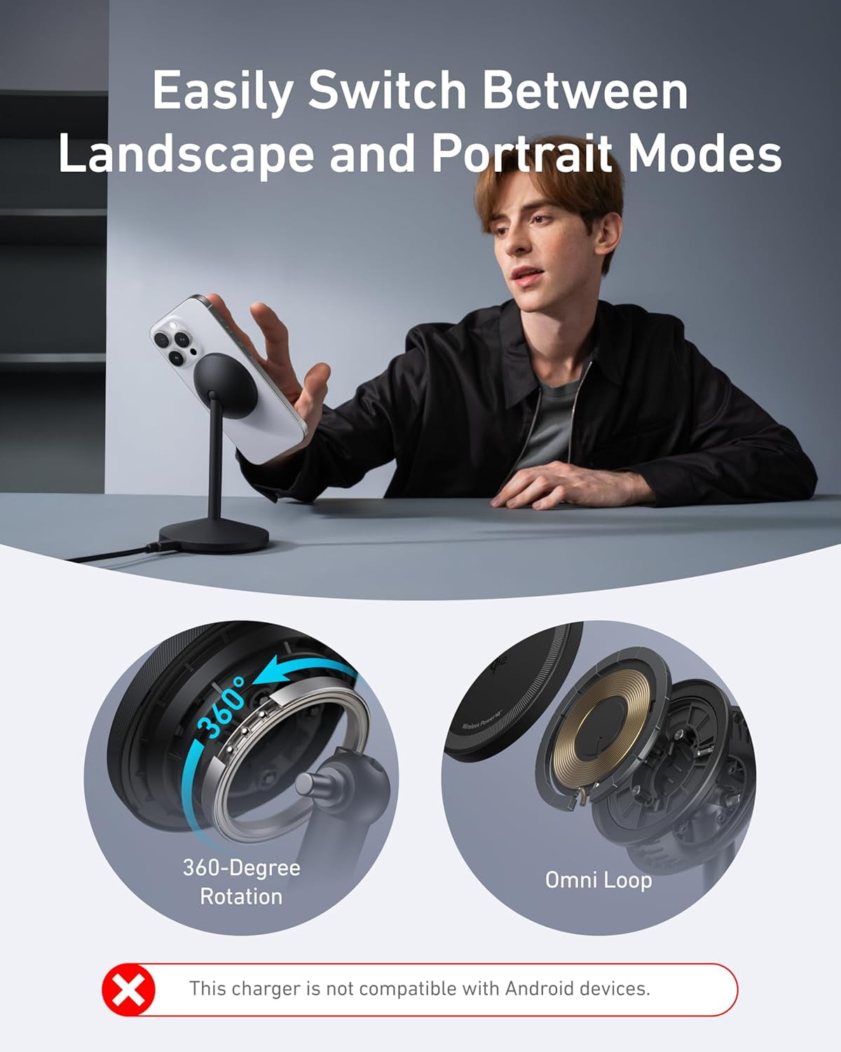 Anker MagGo iPhone 17 MagSafe Charger Compatible Stand, 15W Fast Magnetic Wireless Charging Station, Qi2 Certified 360° Wireless Charger, Magnetic Stand (No Adapter)