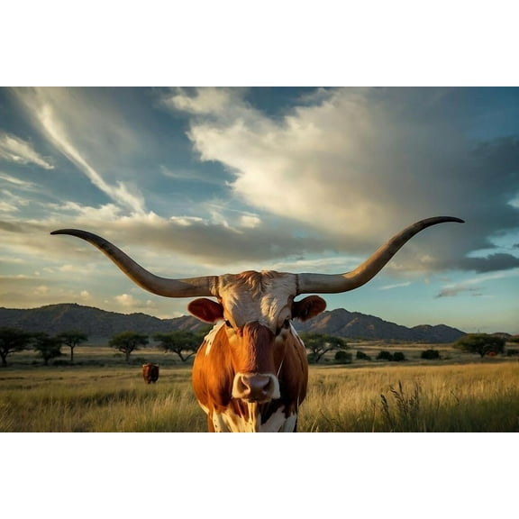 Texas Longhorn Bull Standing in Pasture Close Up Photo Photograph Cool Wall Art Print Poster
