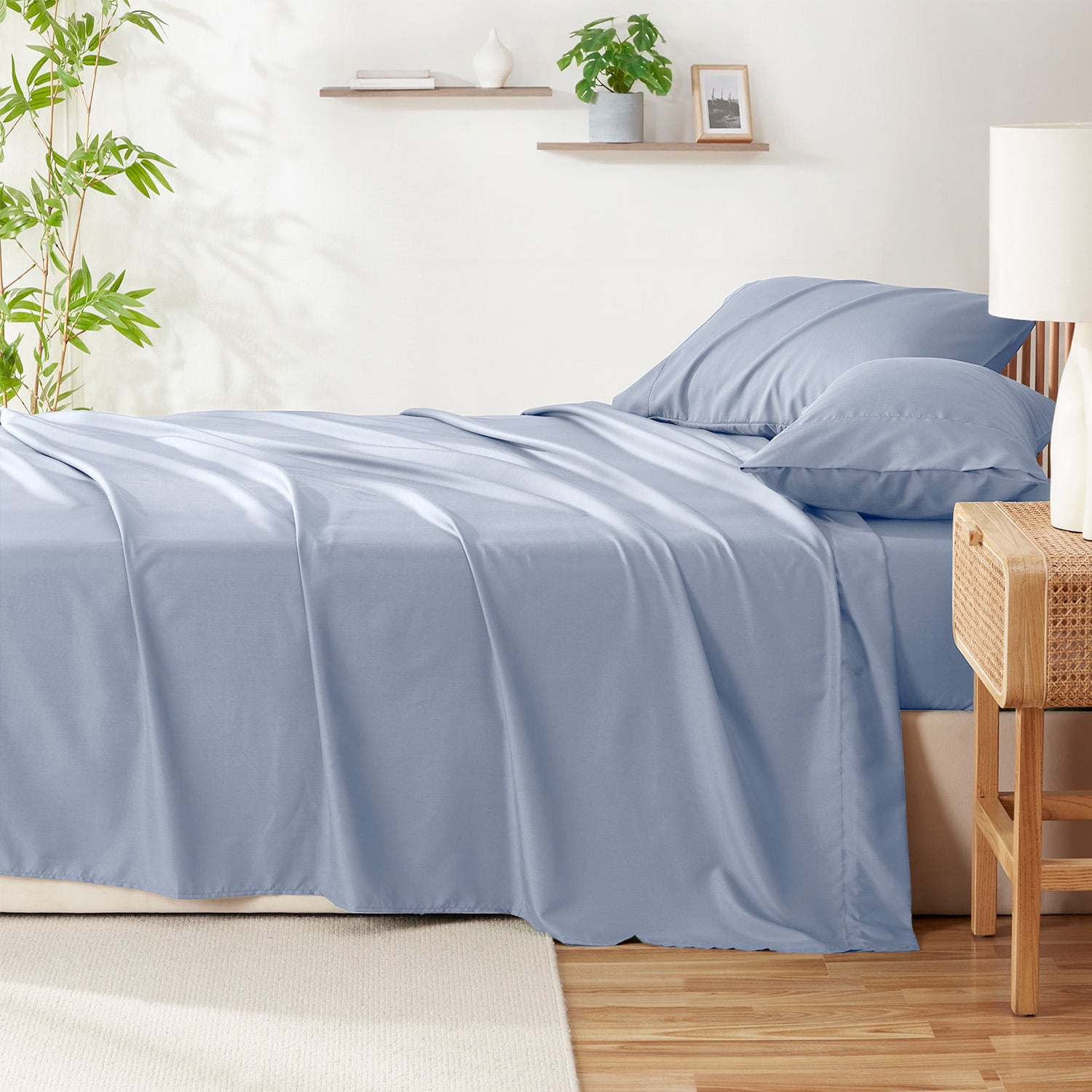 Virtu Bed Sheets Set, Deep Pocket Rayon Derived from Bamboo Blend Cooling 4 Piece Queen Sheets sets, Ice Blue