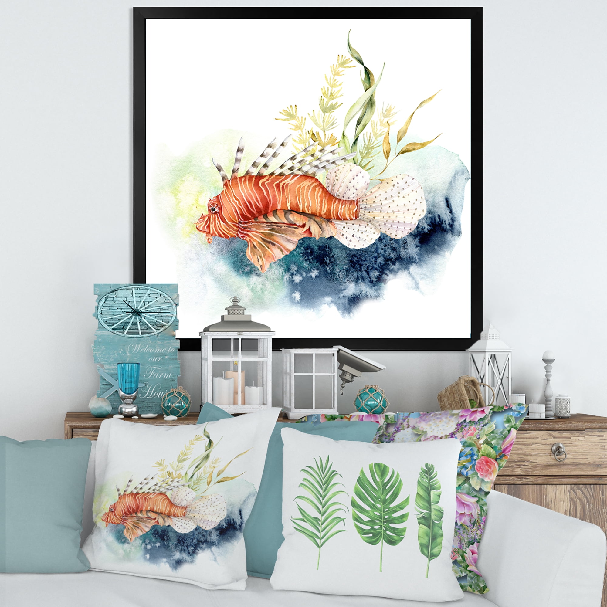 Designart 'Kelp and Lionfish With Coral Reef and Laminaria' Nautical & Coastal Framed Art Print