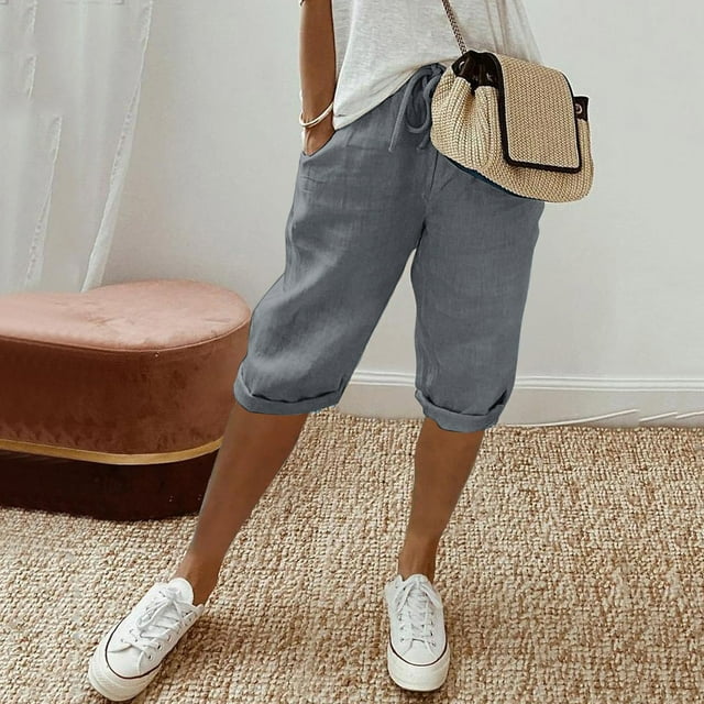 Womens Fashion Solid Large Pocket Elastic Casual Pants Pocket Capris Womens Casual Pants Elastic Waist with Pockets Long Pants Rompers for Women Casual Printed Pants for Women Casual Track Women