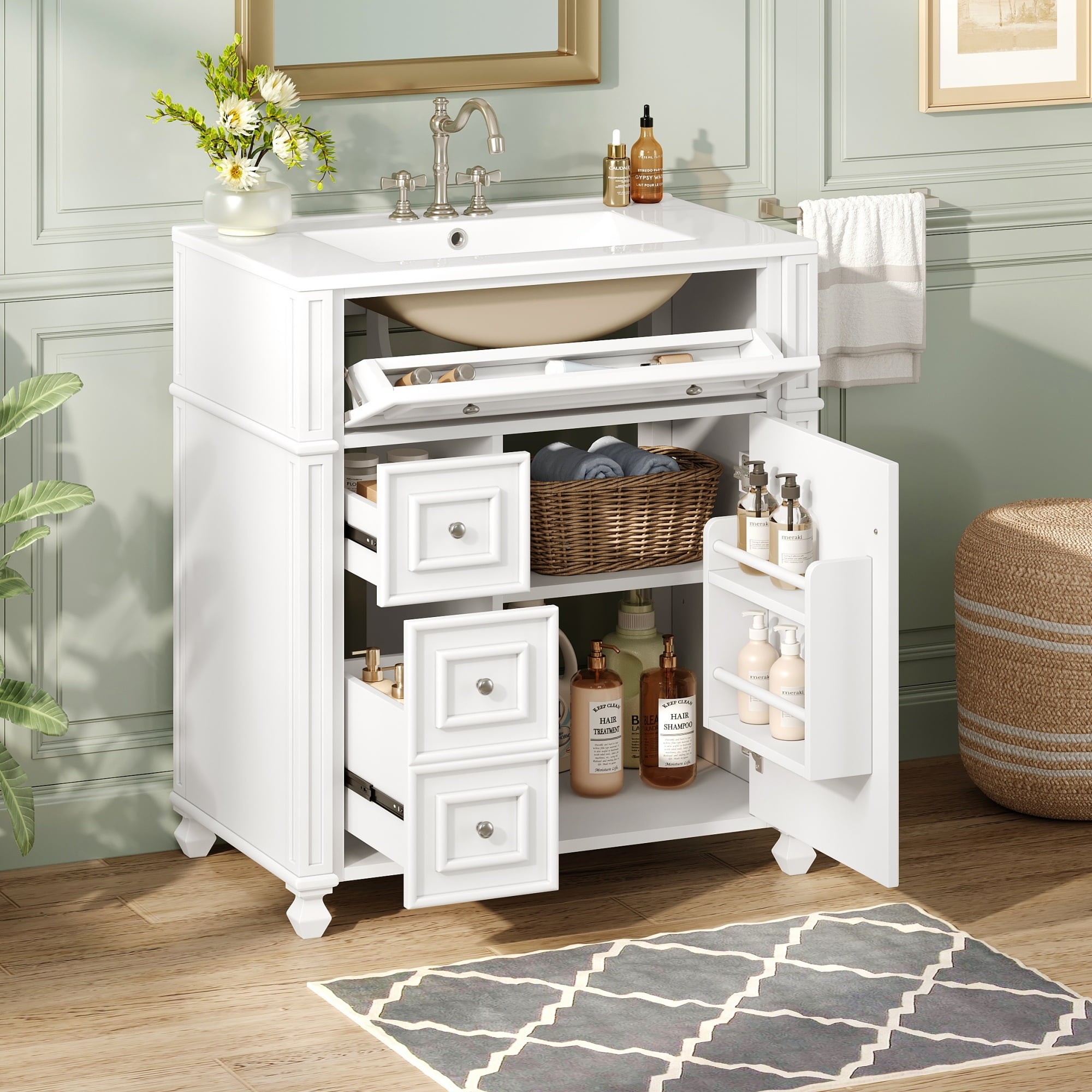 Harper & Bright Designs 30" White Bathroom Vanity with Sink, Freestanding Storage Cabinet with Soft Close Doors, Bathroom Floor Cabinet with Door Organizer