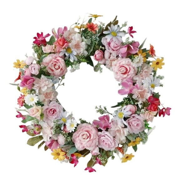 19 Inch Spring Summer Wreath with Pink Peonies & Daisies, Artificial Silk Floral Wreath for Front Door, Wedding, Farmhouse, Festival & Holiday Home Decor