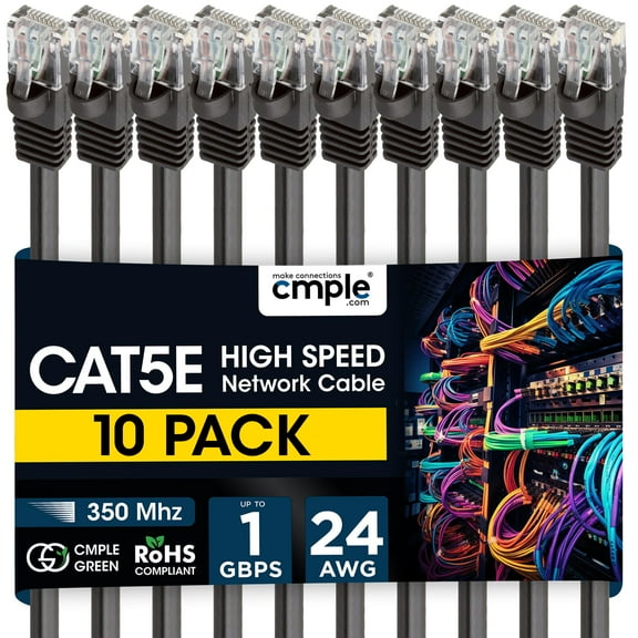 Cmple - 10 Pack Cat5e Ethernet Cable 10ft Computer Router Cables with RJ45 Connectors 1Gbps Ethernet Patch Cord 350Mhz Lan Wire - Black