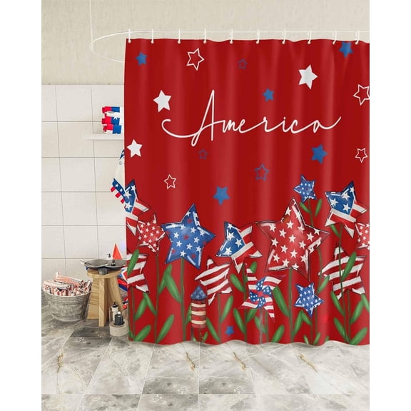 4th of July Red Shower Curtain, Patriotic Star Fire Shower Curtain Set with Hooks, Spring Summer Waterproof Fabric Shower Curtains for Bathroom Decor, 72x72 Inch Bath Curtain