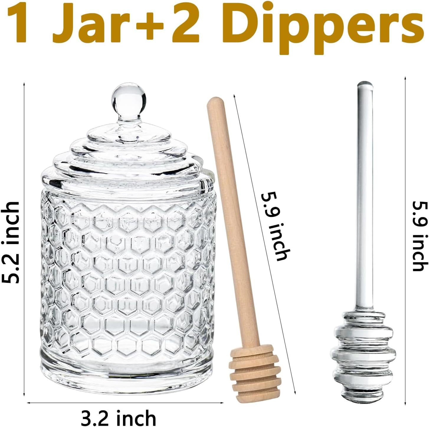 Glass Honey Jar, Pot Set with Lid and Dipper, Wide Mouth Dispenser, Syrup Container for Home Kitchen Decor, Storing (10 oz)