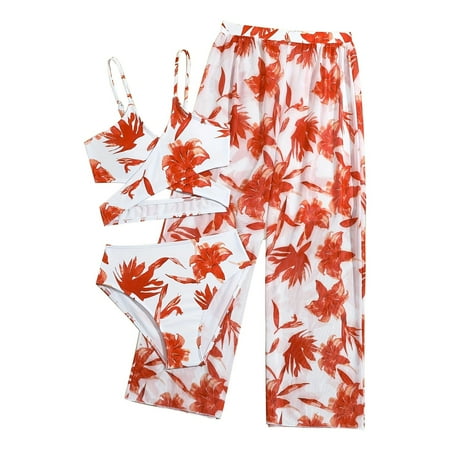 Coerni Girls Swimsuit 3 Piece riss Coss Wrap Bikini Set Bathing Suit with Tropical Print Cover Up Pants Quick Dry Swimwear