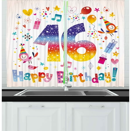 16th Birthday Curtains 2 Panels Set, Cute Sweet Teenage Celebration Motif Hearts Balloon Bird Box Stars Design, Window Drapes for Living Room Bedroom, 55W X 39L Inches, Multicolor, by