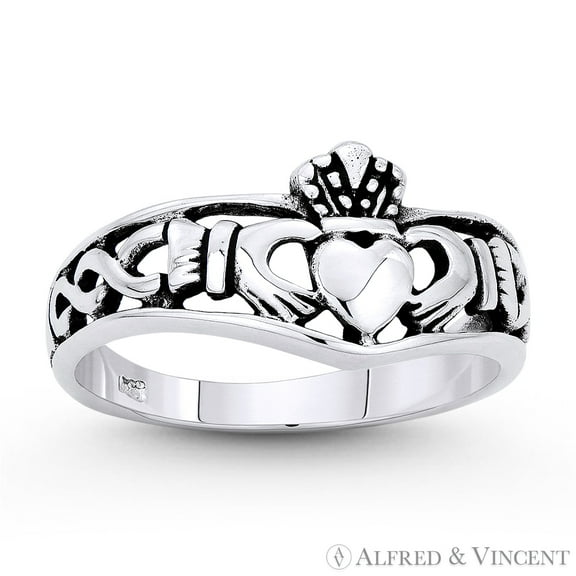 Irish Claddagh & Celtic Knot Curved Band in Oxidized .925 Sterling Silver