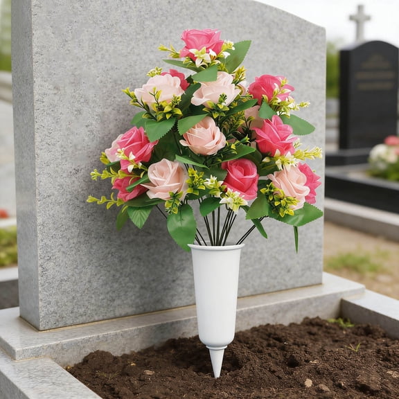 Artificial Cemetery Flowers, Gravesite Decoration Roses, Memorial Bouquets with Cemetery Vase, Vibrant and Long-Lasting Colors