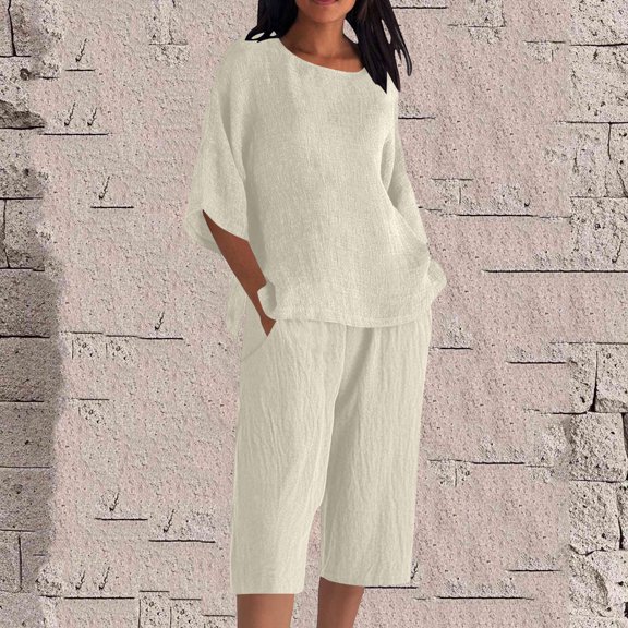 Women's Summer Cotton Linen Two Piece Outfit, Crew Neck Short Sleeve T-Shirt & Casual Wide Leg Pants Solid Color Loose Fit Tracksuit for Daily Wear, Beige L