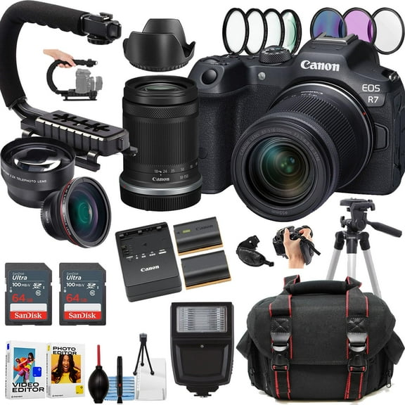 Canon EOS R7 Mirrorless Camera w/18-150mm Lens   2pc Sandisk 64GB Ultra Memory Card   Camera case   More (21pc Bundle)