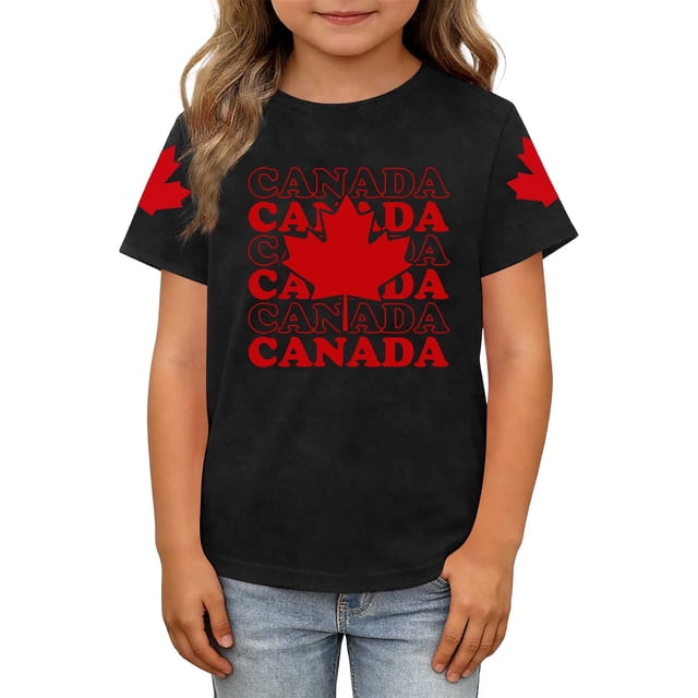 T-shirt Canada Filles Imprimé Feuille d'Érable Col Rond Manches Courtes Blouse Garçons Fête du Canada T-Shirt Graphique Hauts Mode Fête du Canada Célébration T-Shirt Graphique Filles