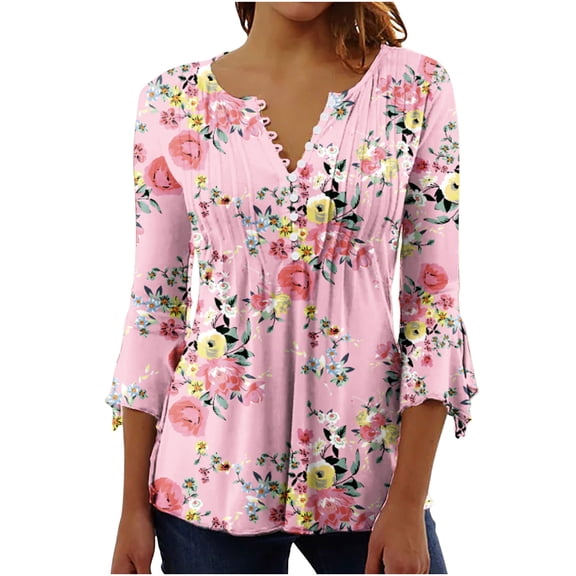 Pimelu Womens Shirts Tunic Tops for Women 3/4 Sleeve Tops for Women Vintage Floral Button up Henley Shirts Summer Ladies Lightweight V Neck Pleated Hem Blouses