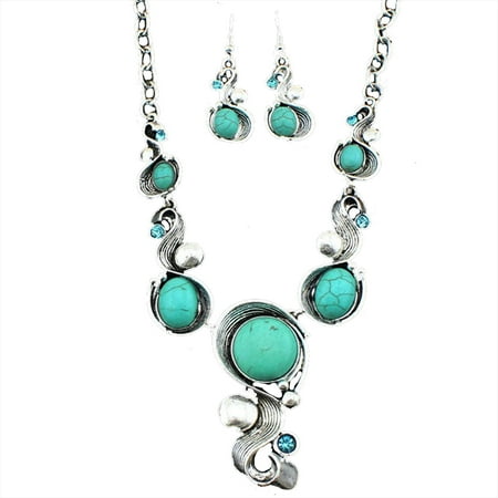 Tibet Silver Tone Metal Fancy Vintage Look Tibet Silver Exotic Cascade Necklace Earring Turquoise Jewelry Set S056 ()