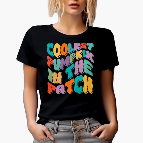 Coolest Pumpkin in the Patch, Autumn or Fall & Pumpkins Quote, Groovy Retro Wavy Text Merch Gift, Black T-Shirt, Small
