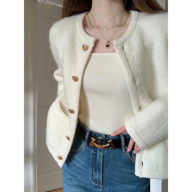 Elegante abrigo de suéter de mohair para mujer, cárdigan de punto de principios de otoño, parte superior exterior de alta calidad