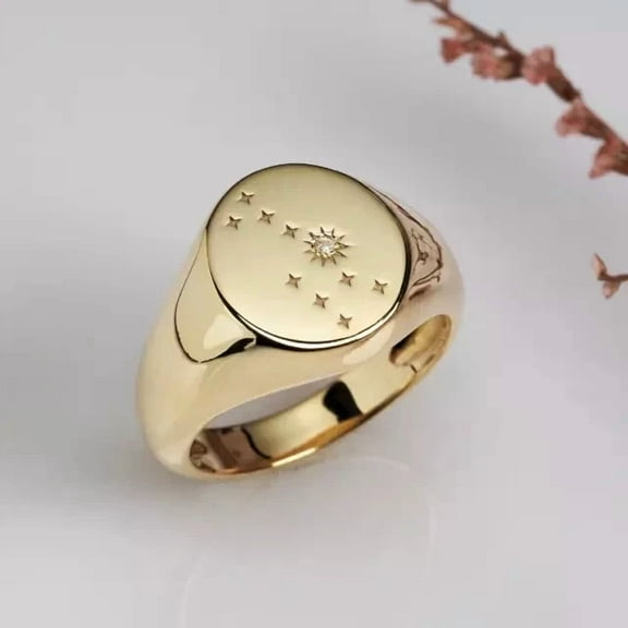 Natural Moissanite Small Star Signet Pinky Ring For Men 14k Yellow Gold Plated