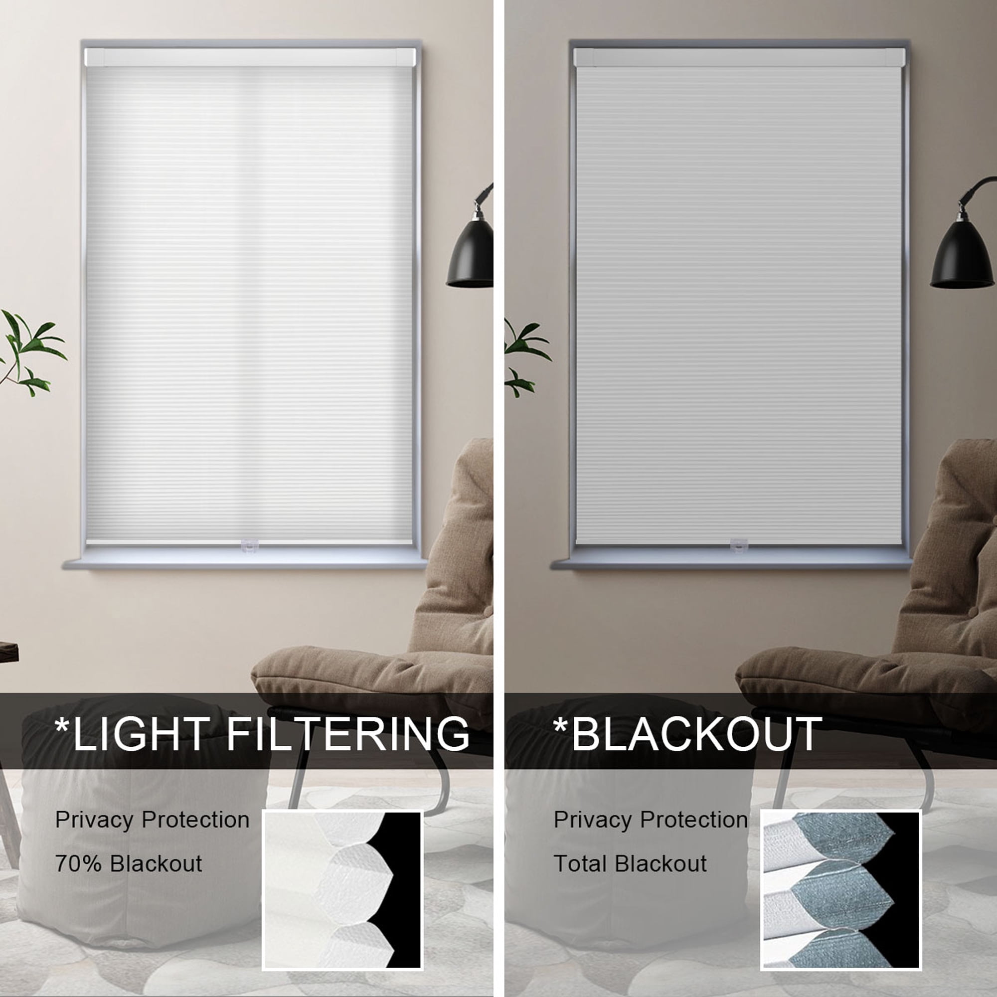 Cordless Cellular Shades No Drill No Tools Blinds Blackout Honeycomb Blinds for Windows Easy to Install Custom Cellular Blinds Privacy Window Blinds Shades, 40 1/2"W x 52"L, Blackout White