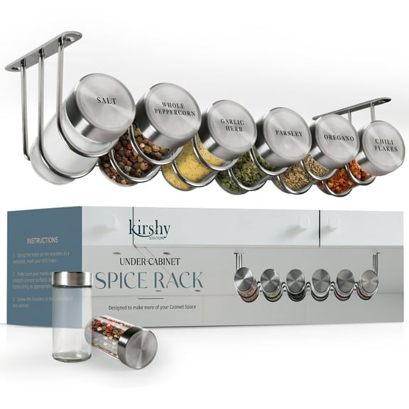 Kirshy Solutions Under Cabinet Spice Rack With 6 Glass Spice Jars & 21 Labels Stainless Steel Spice Storage Rack- Mountable Under Shelf Hanging Spice Rack Holder- Seasoning Kitchen Organizer