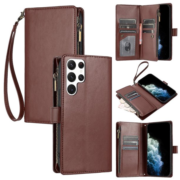 Funda tipo cartera de PU para Samsung S22 Ultra con cordón, ranura para múltiples tarjetas, protección total, estilo retro, PU+TPU