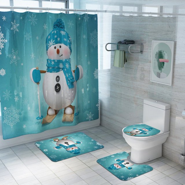 PATIO 4 Pieces Set 3D Digital Printing High-Density Merry Christmas Theme Pattern Shower Curtain Set Bathroom Floor Mat Base Mat Toilet Mat Home Holiday Decoration Bathroom Accessories Ch