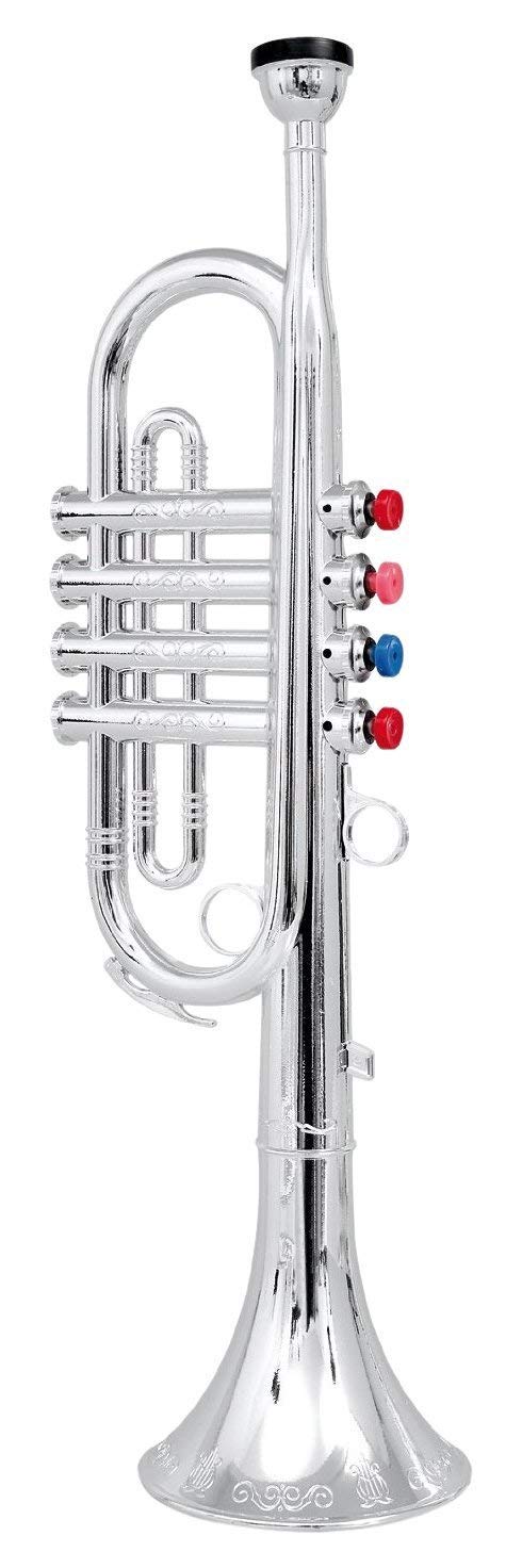 Click N' Play Metallic Silver Kids Trumpet Horn Wind Instrument With 4 Colored Keys