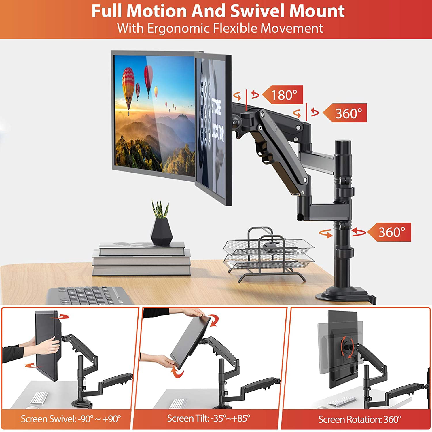 Grommet Mounting for Most 17-34 Inch Flat Curved Monitors Adjustable Gas Spring Monitor Desk Mount Stand VESA Mount 75/100mm with C Clamp ErGear Single Monitor Mount Arm Hold up to 19.8lbs 
