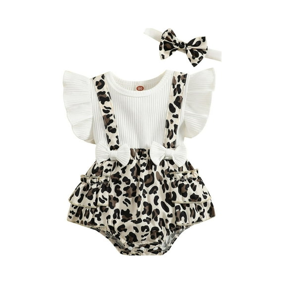 Franhais Girls Summer 2Pcs Outfit Sets Flying Sleeve Floral/Leopard Print Patchwork Romper + Headband