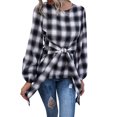 thumbnail image 3 of Blouse à Carreaux pour Femmes, Col Rond, Manches Longues Lanterne, 3 of 5