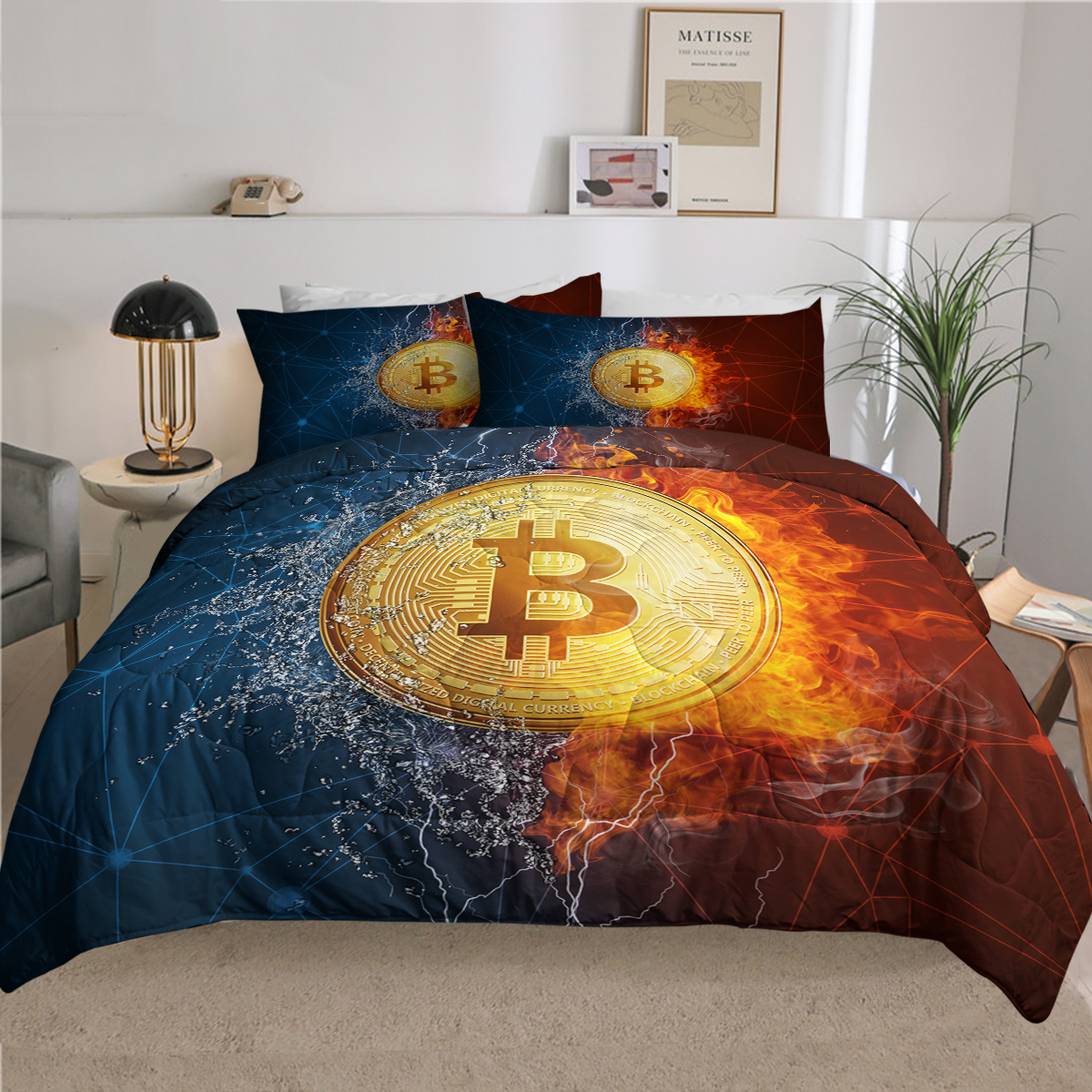 BlessLiving Money Comforter Set Full Size, 3pcs Bitcoin Bedding Set for