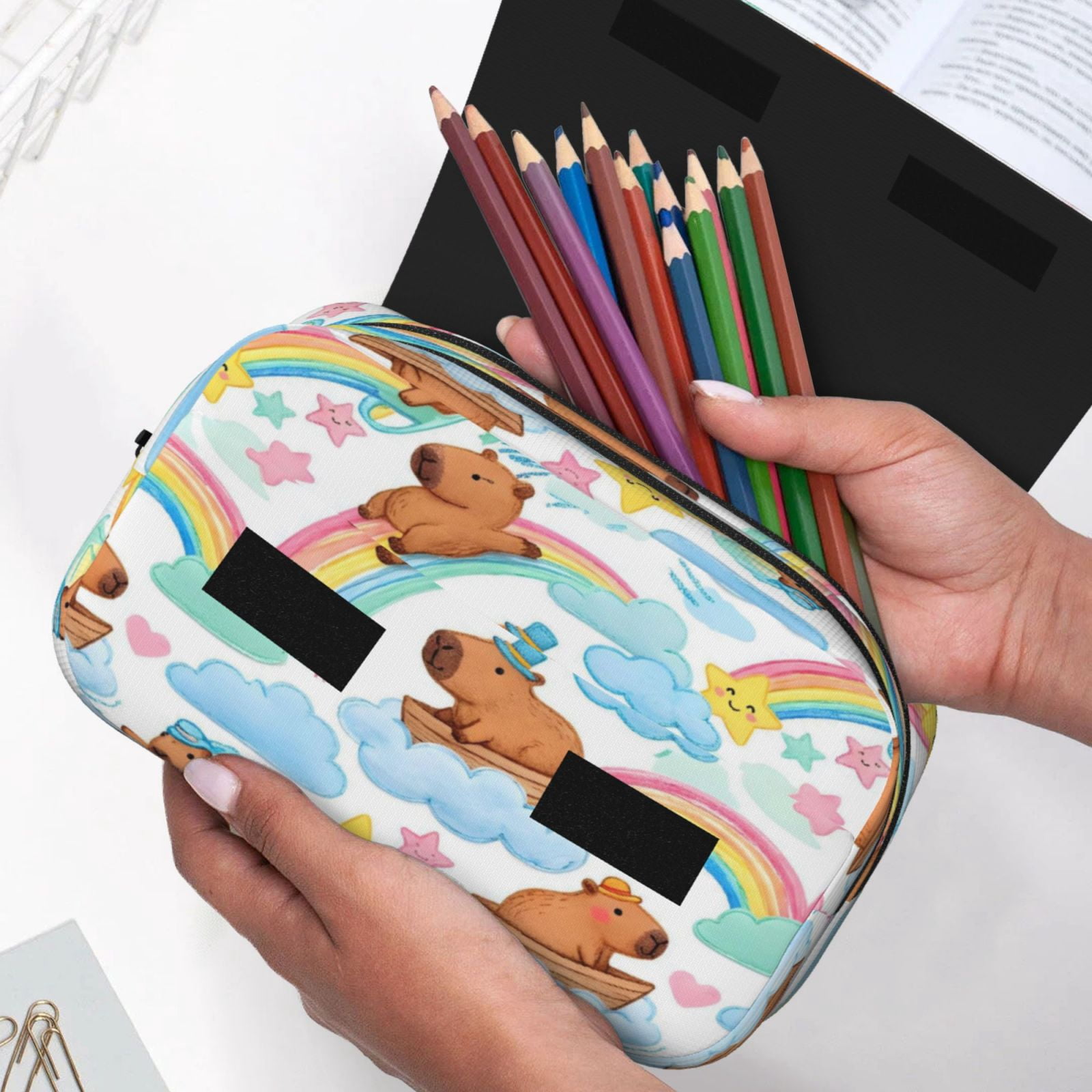 Large-Capacity Flip-Top Double-Layer Pencil Case, Multi-Functional Pocket Pen Case, Durable Stationery Organizer Capybara Pattern 4