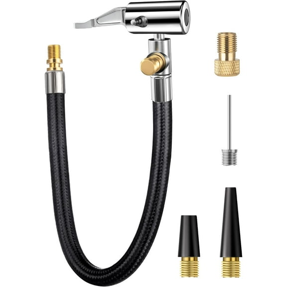 Quick Connect Tire Chuck Hose, Valve Extension Tube w/Presta Valve & Air Pump Ball Needle Set, Inflator Pump Hose With Air Chuck Adapter for Portable Air Compressor