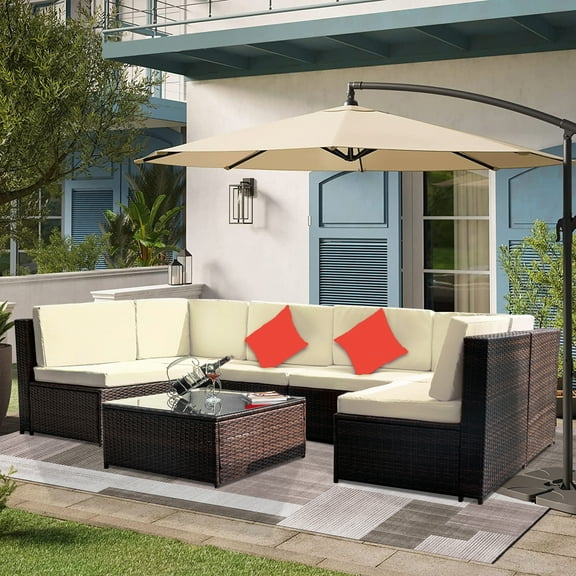 Outdoor Patio Furniture Sets, 7 Pieces Wicker Bistro Furniture Sectional Set with Coffee Table Table, Wicker Conversation Sofa Sets for Porch Poolside Backyard Garden, SS607