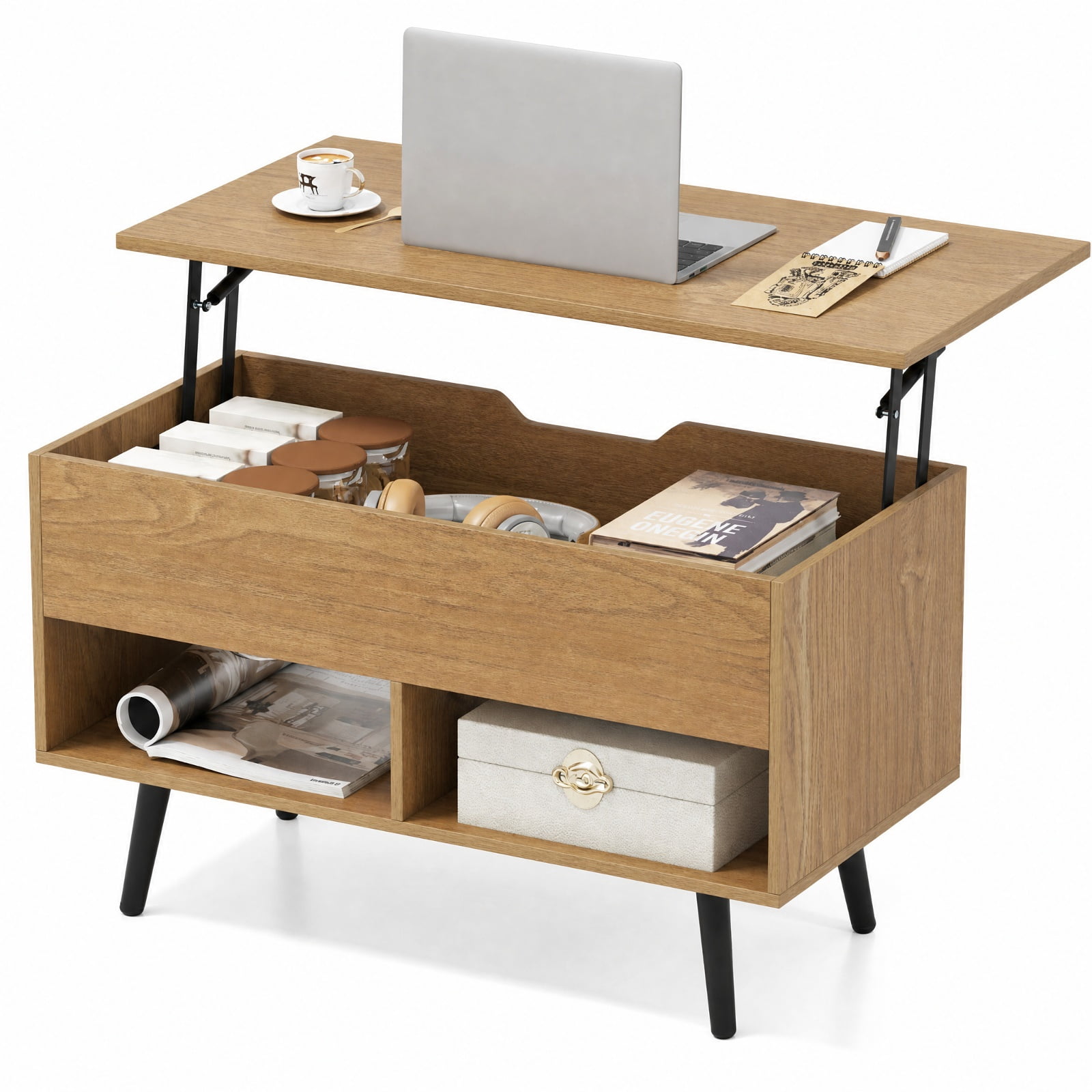 Furnibear 31.5 Inch Lift Top Coffee Table with Hidden Storage Compartment and 2 Open Shelves a Modern Living Room Center Table, Natural