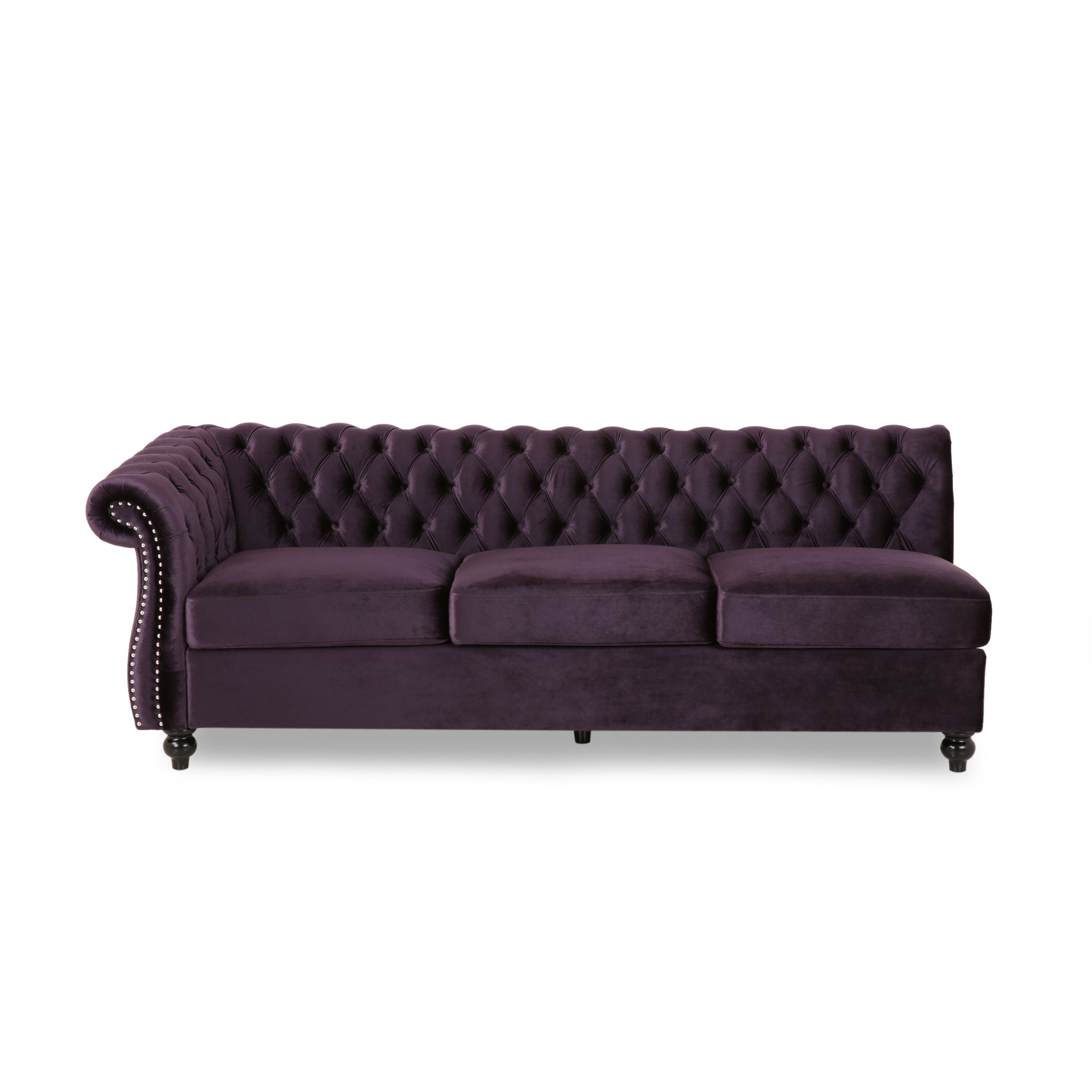 Noble House Jaymere 7 Seater Velvet Tufted Chesterfield Sectional, Blackberry