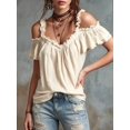 thumbnail image 5 of Women Cold Shoulder Ruffle Trim Top V Neck Short Sleeve Casual Blouse Khaki S, 5 of 7